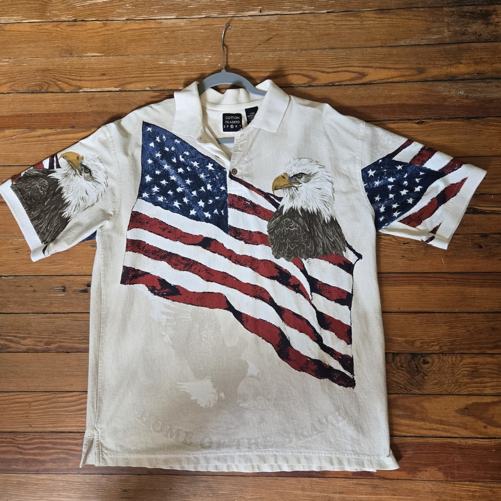 Vintage Cotton Nature Bald Eagle American Flag All Over Print Polo L Streetwear